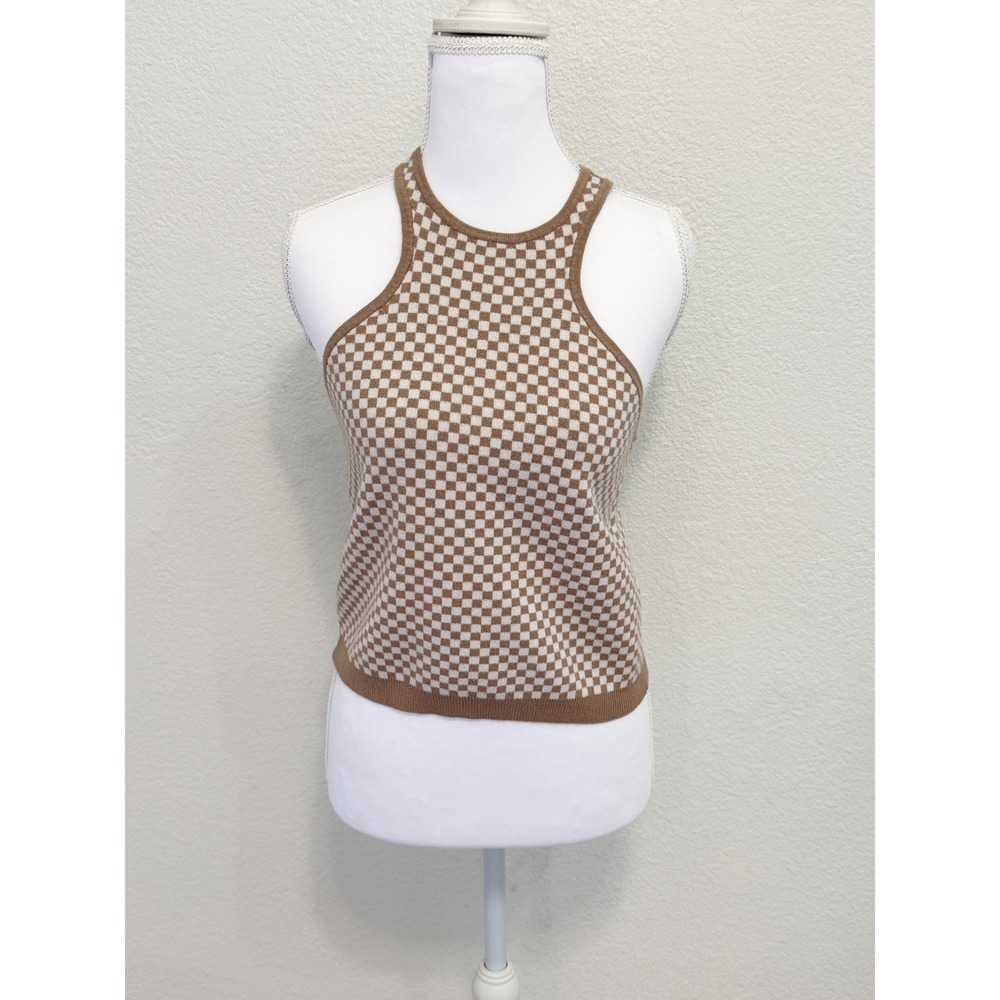Abercrombie & Fitch Brown Checkered Knit High Neck Racerback Sweater Tank Top L
